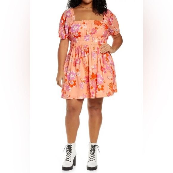 BP SHIRRED PUFF SLEEVE COTTON PRAIRIE DRESS CORAL ALYSSA GROOVE FLORAL Large - Picture 1 of 9
